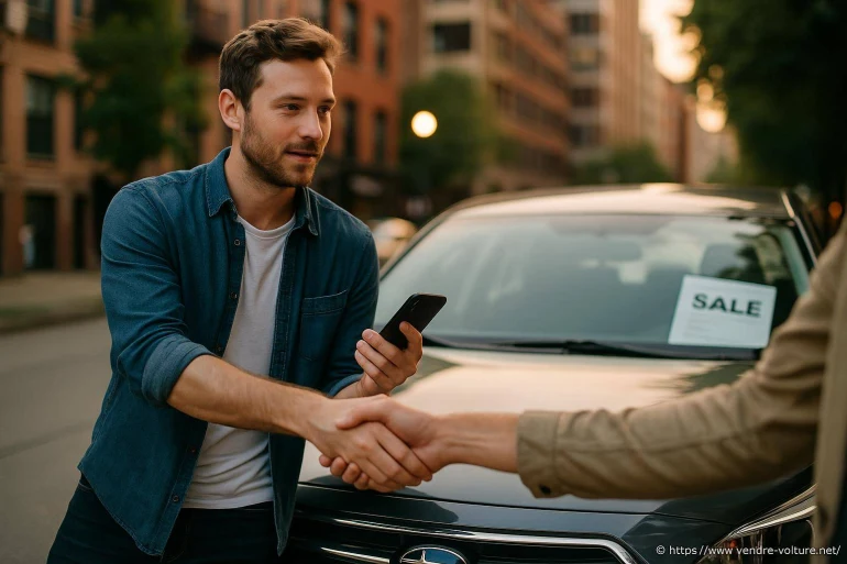 Homme concluant vente voiture urbaine