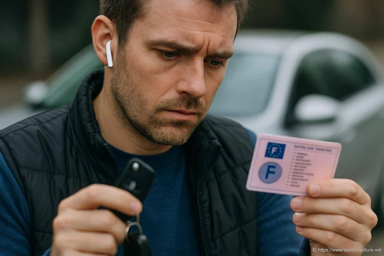 Homme examinant permis de conduire français