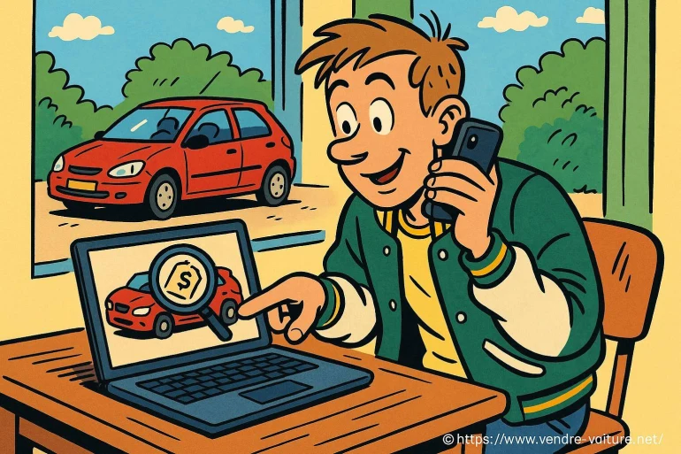 Jeune homme vérifiant prix voiture en ligne
