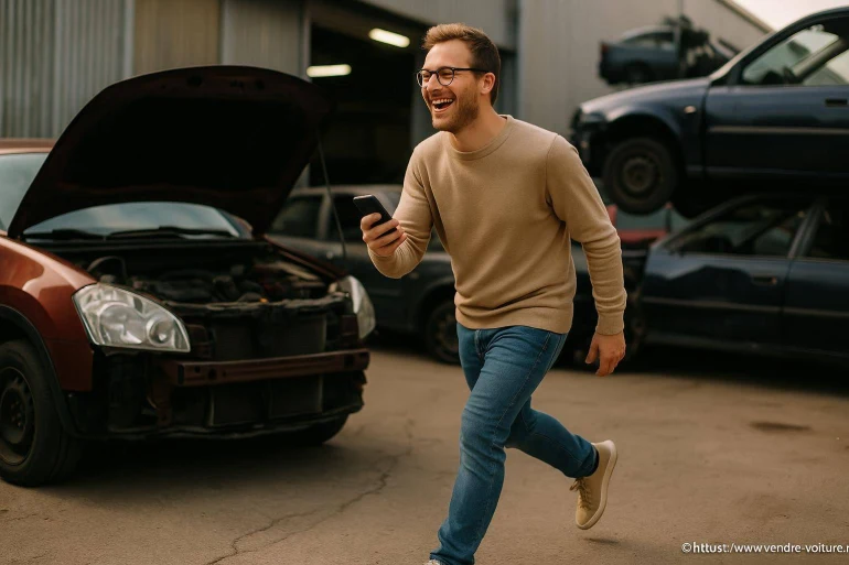 Homme souriant avec téléphone devant voiture en panne