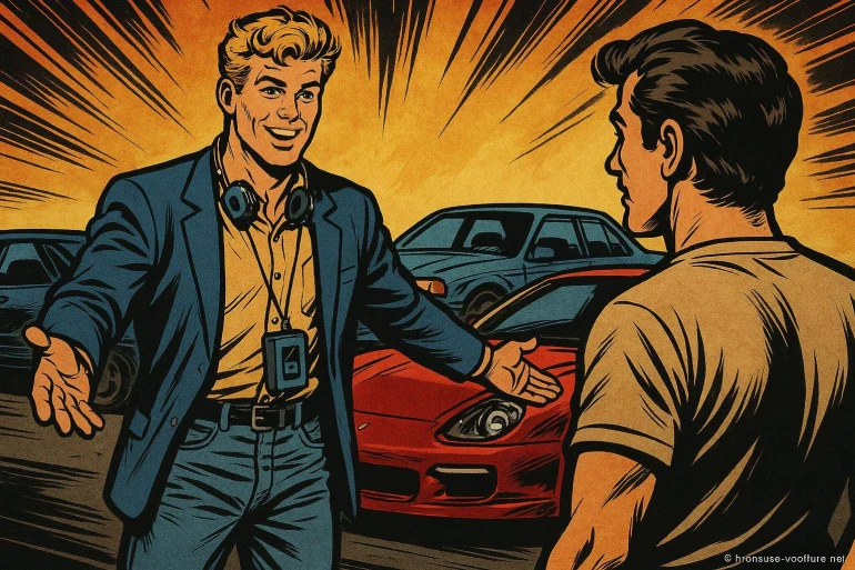 Homme présentant une voiture rouge sportive