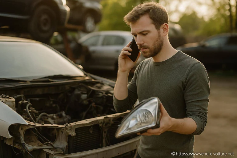 Homme appelant avec phare de voiture