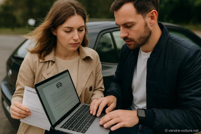 Couple vérifiant documents vente voiture