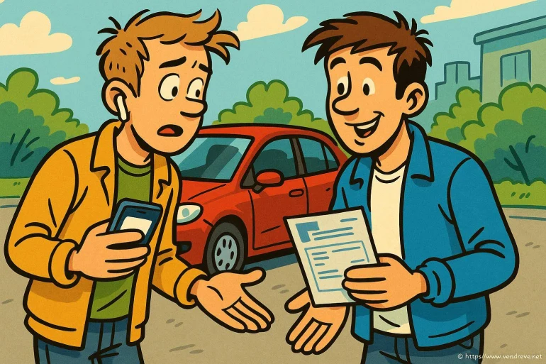 Deux hommes discutant devant une voiture rouge