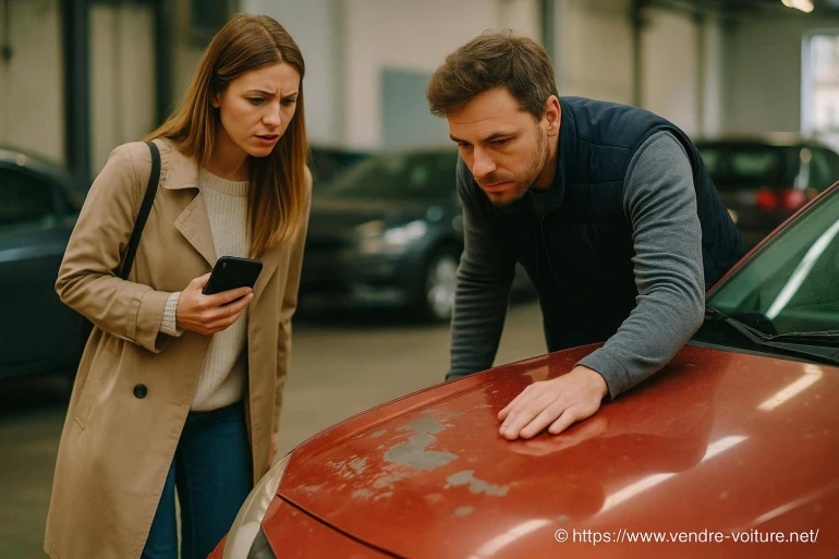 Couple inspectant la peinture d'une voiture
