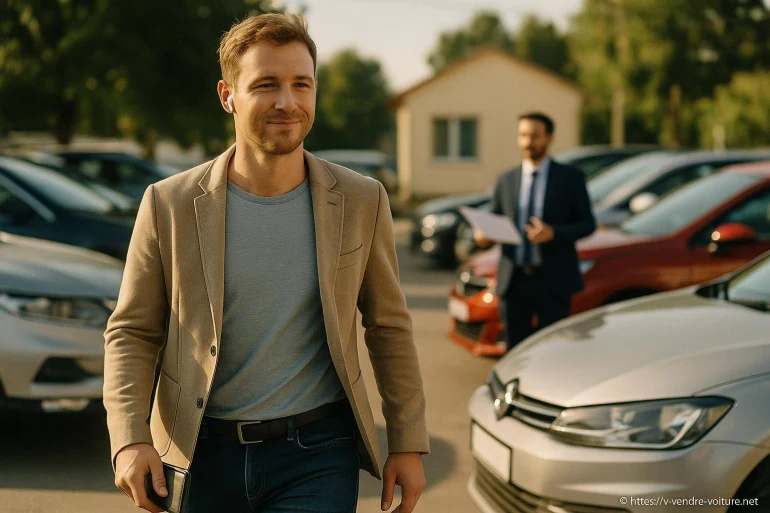 Homme souriant achetant une voiture d'occasion