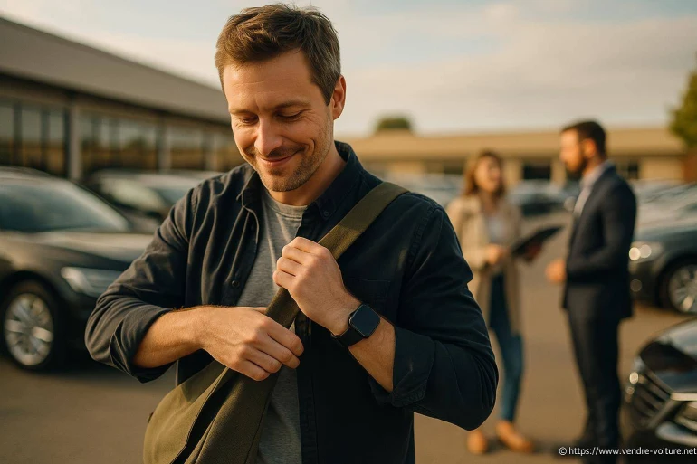 Homme souriant avec sac à bandoulière en concession