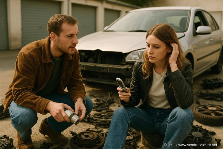 Couple discutant devant voiture endommagée