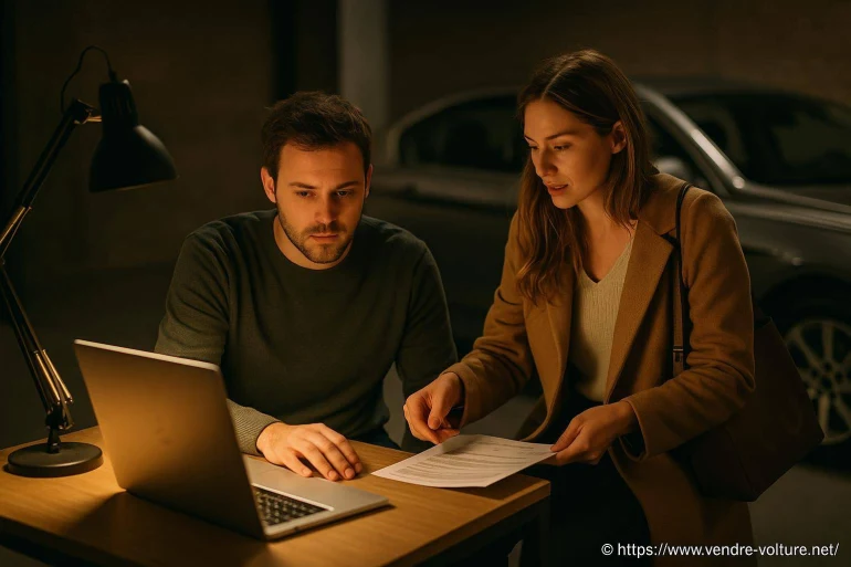 Jeune couple examinant un document et un ordinateur