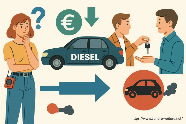 Femme indécise devant voiture diesel à vendre