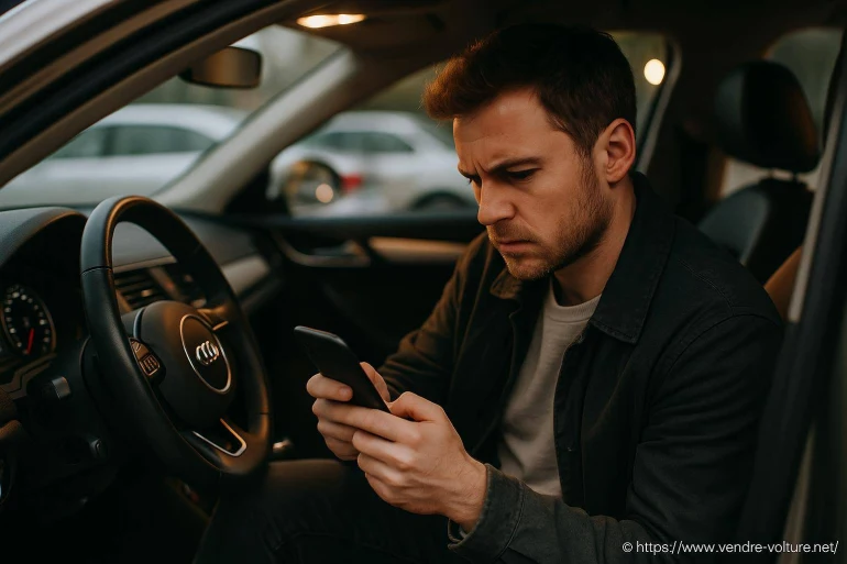 Homme concentré utilisant son smartphone en voiture