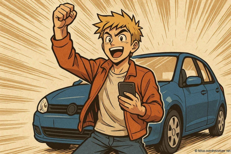 Jeune homme heureux avec voiture bleue