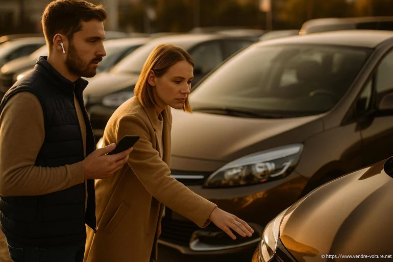 Couple inspectant une voiture en vente