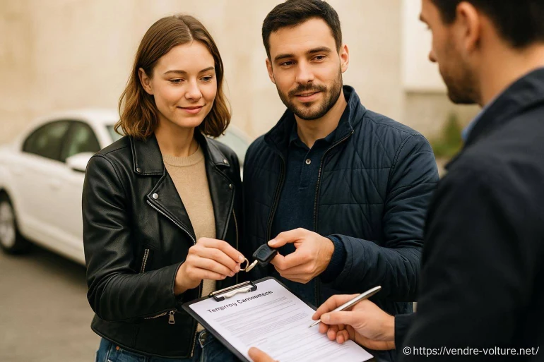 Couple recevant les clés d'une voiture