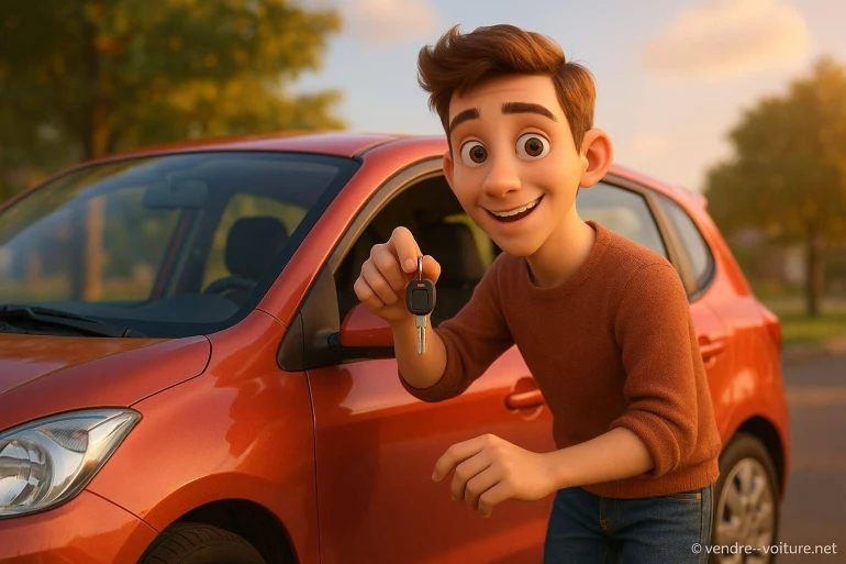 Jeune homme souriant avec clé de voiture