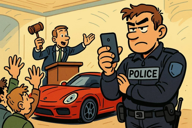 Vente aux enchères voiture de sport surveillée par police