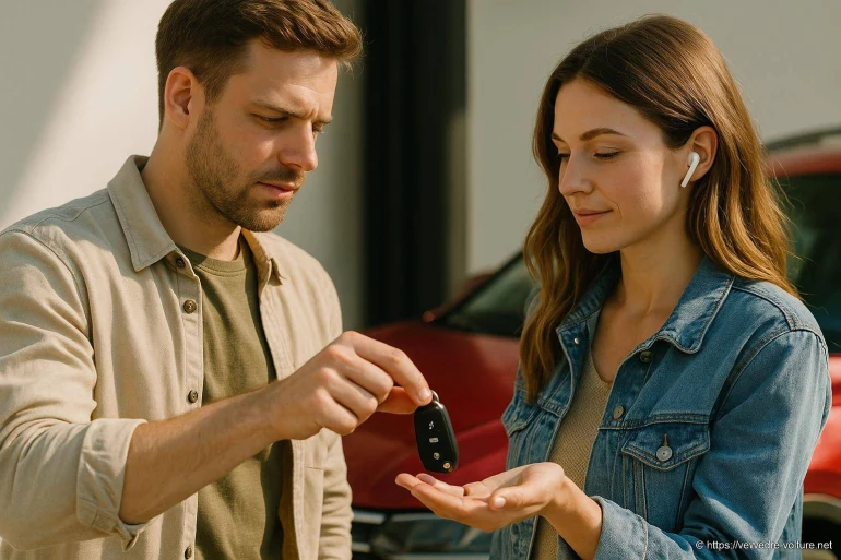 Homme donnant clé de voiture à femme