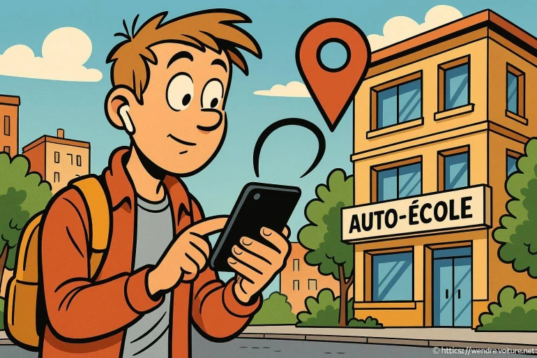 Jeune homme utilisant smartphone devant auto-école