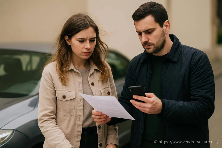 Couple inquiet lisant un document près d'une voiture