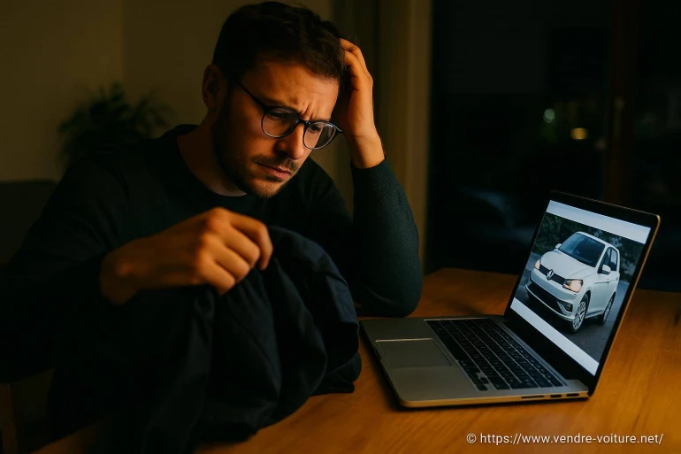 Homme pensif devant ordinateur voiture