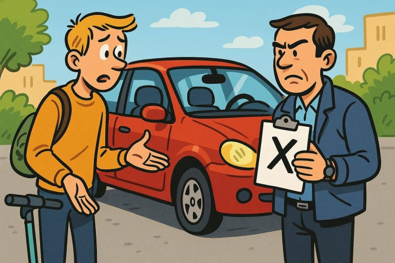 Jeune homme discutant avec agent voiture rouge