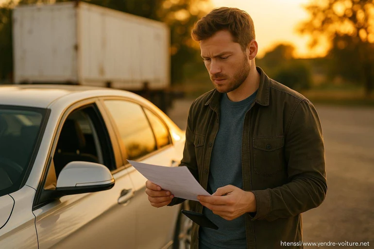 Homme lisant un document près d'une voiture