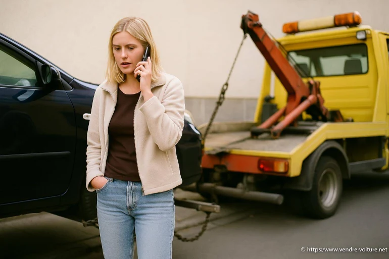 Femme téléphone dépanneuse voiture remorquée