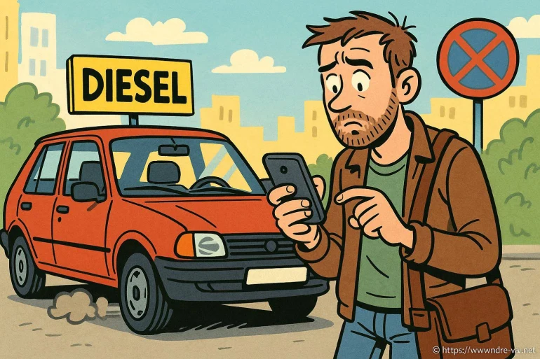 Homme inquiet devant voiture diesel en panne