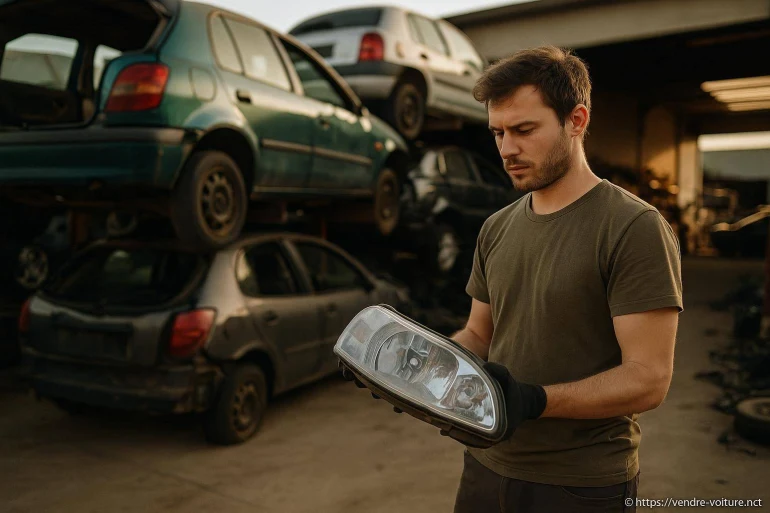 Homme inspectant un phare de voiture