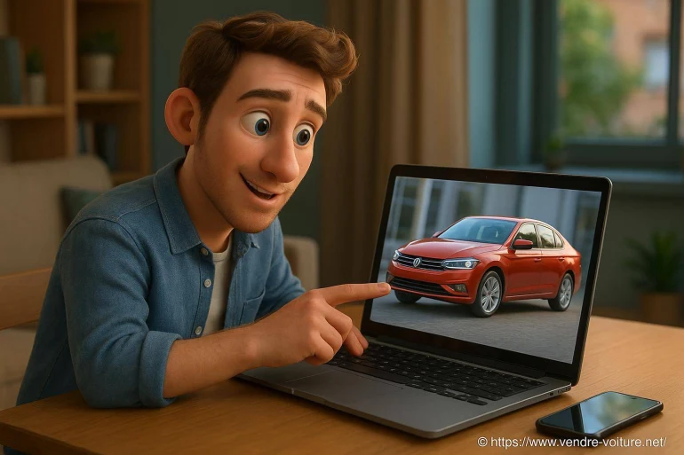 Homme regardant une voiture rouge sur ordinateur