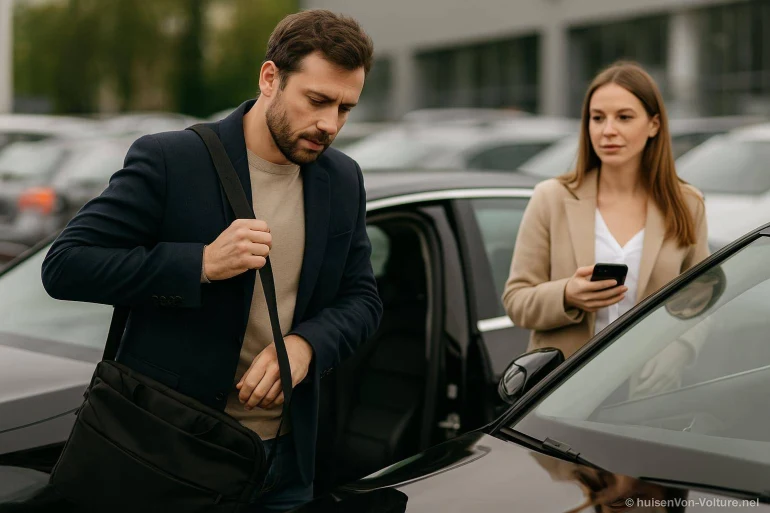 Homme et femme près d'une voiture noire