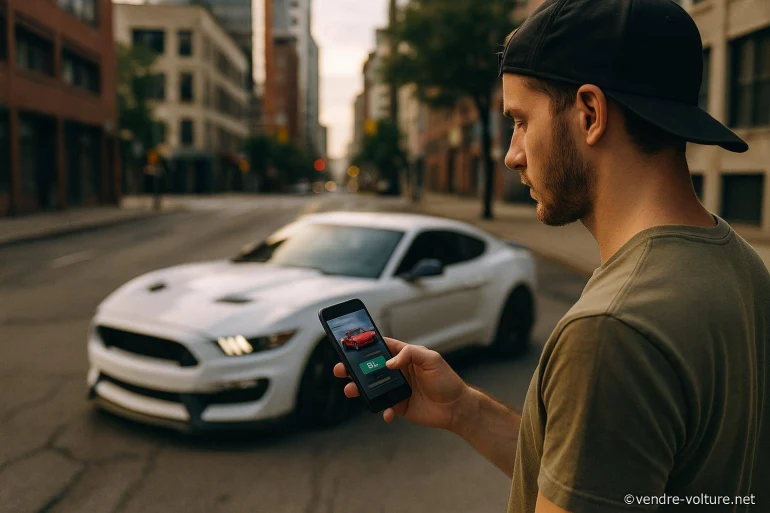 Jeune homme contrôle voiture connectée smartphone
