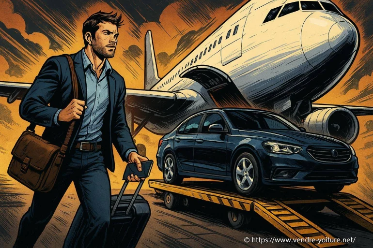 Homme d'affaires avec valise devant avion et voiture