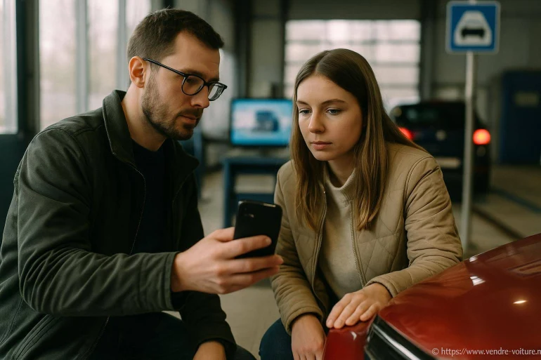 Couple examinant smartphone devant voiture rouge