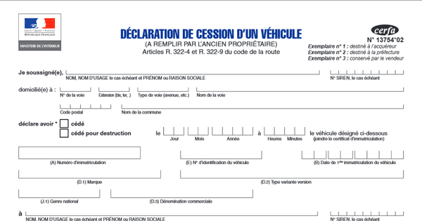 Déclaration de cession de véhicule