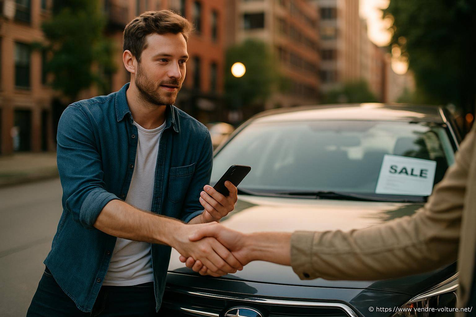 Homme concluant vente voiture urbaine