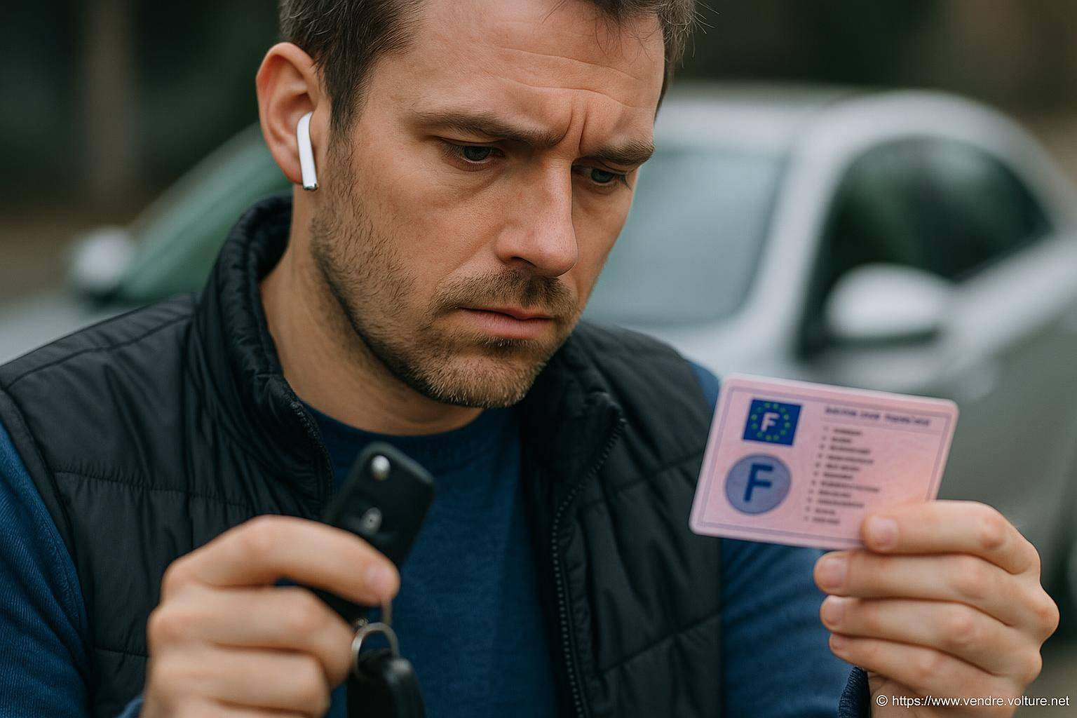 Homme examinant permis de conduire français