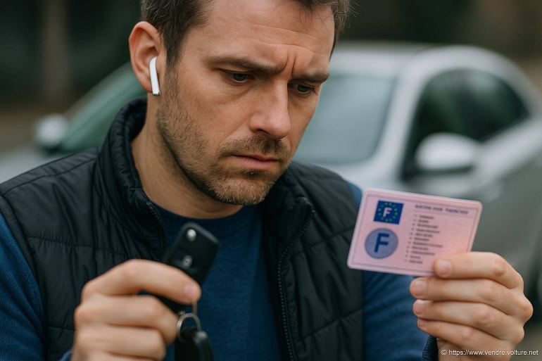 Homme examinant permis de conduire français
