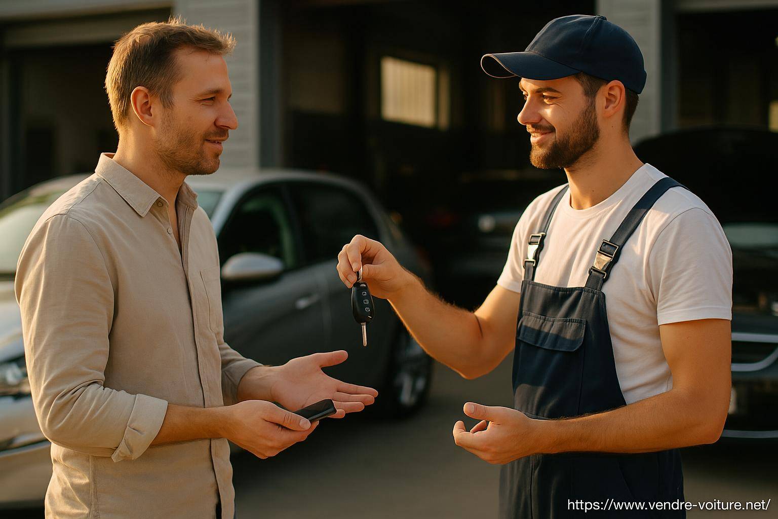 Remise des clés de voiture entre deux hommes