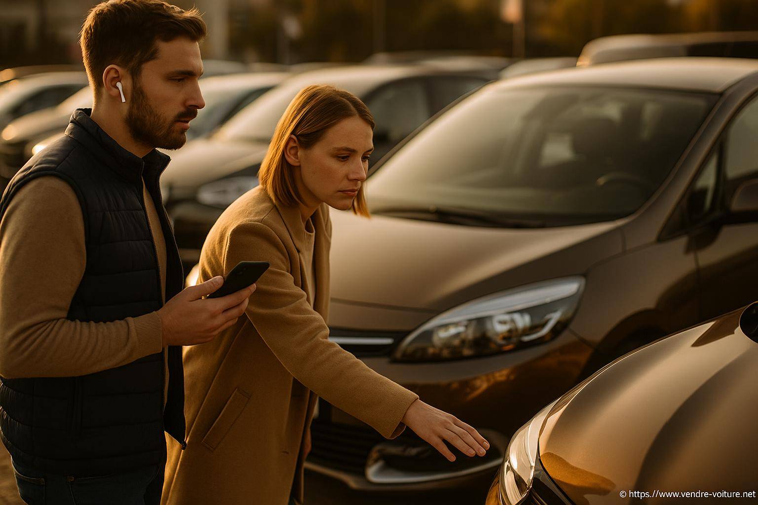 couple inspectant une voiture en vente