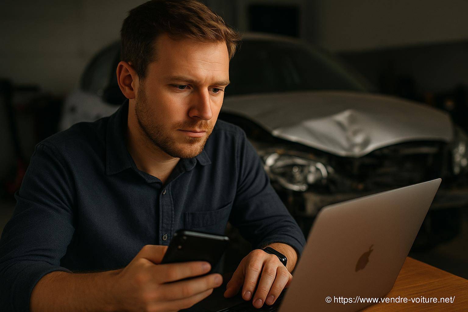 Homme utilisant smartphone et ordinateur devant voiture accidentée