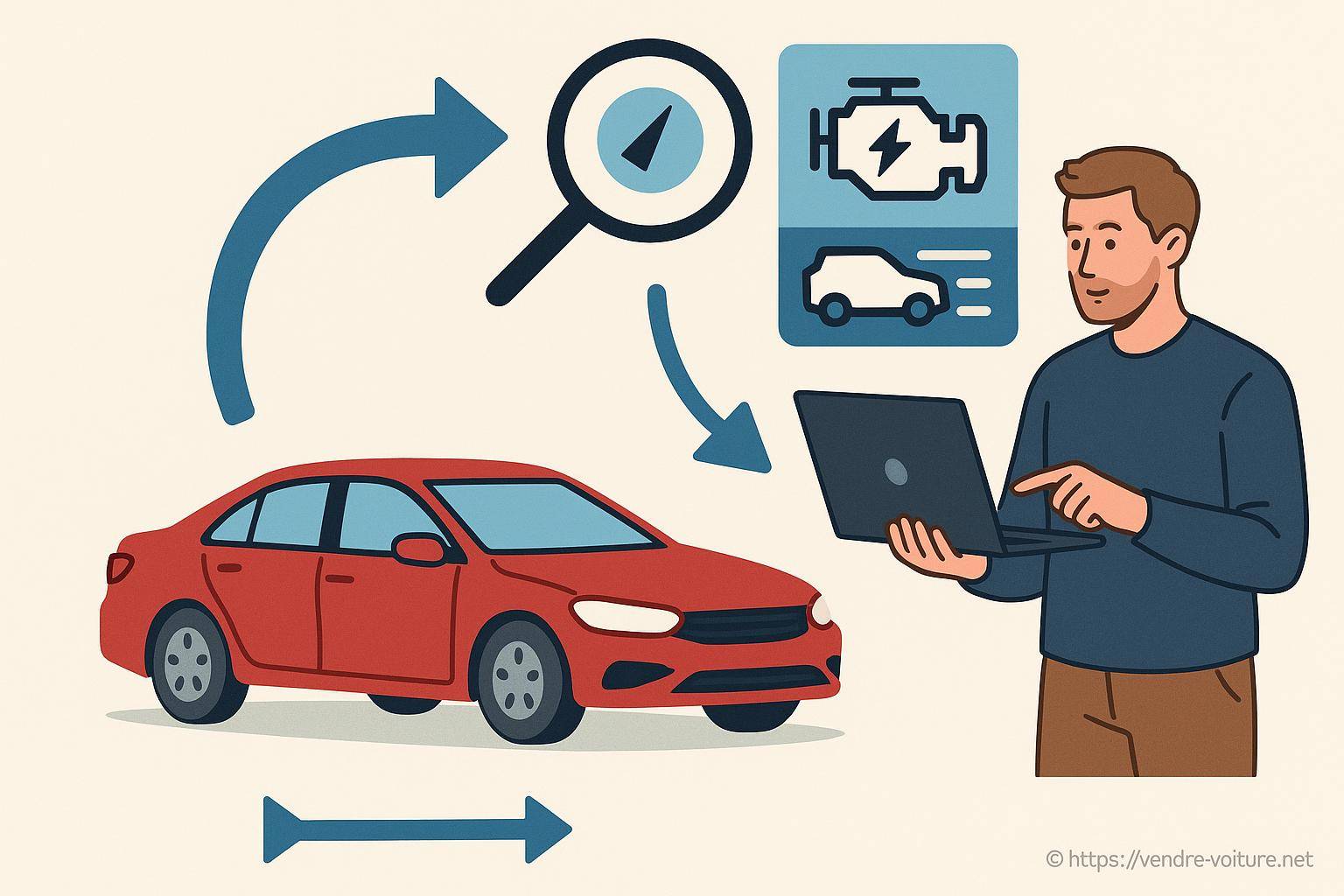 Homme analysant voiture rouge sur ordinateur