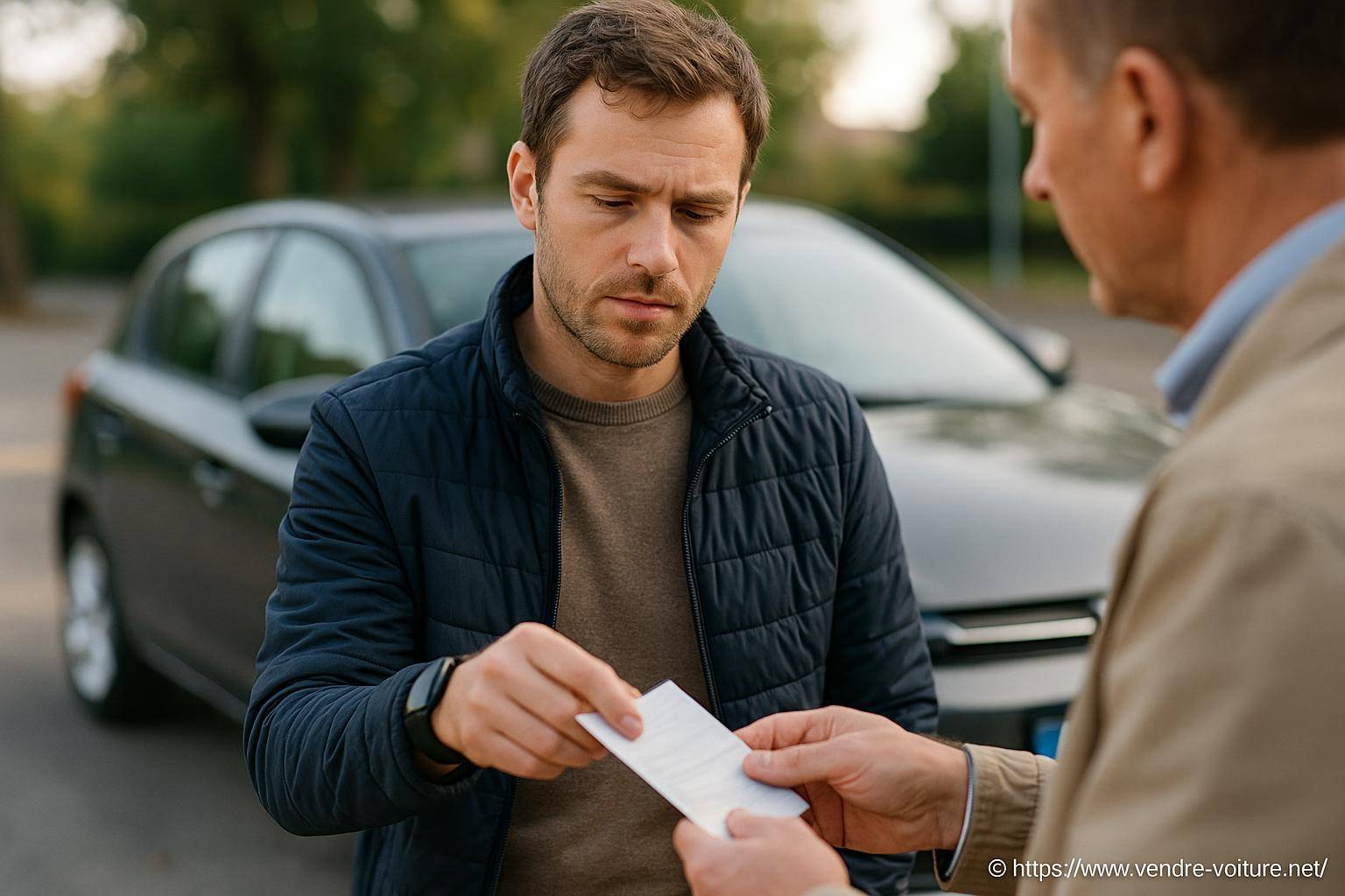 Homme échangeant un document devant une voiture