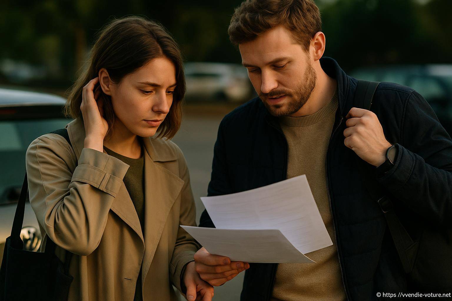 Jeune couple lisant des documents sérieux