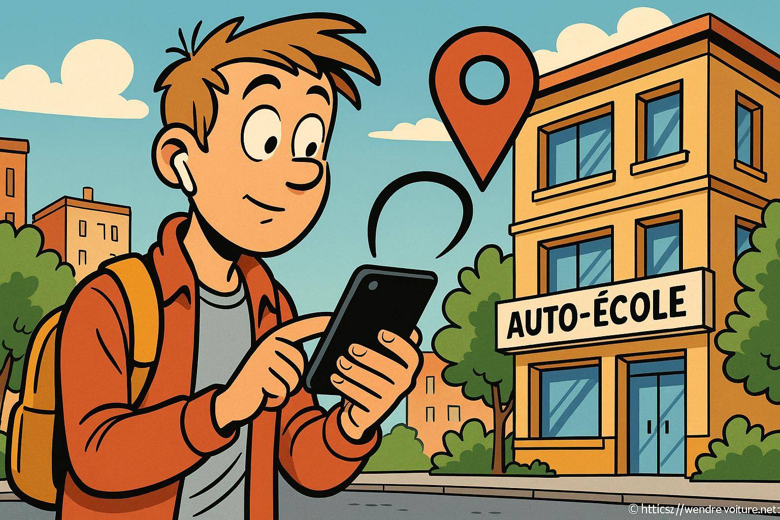 Jeune homme utilisant smartphone devant auto-école