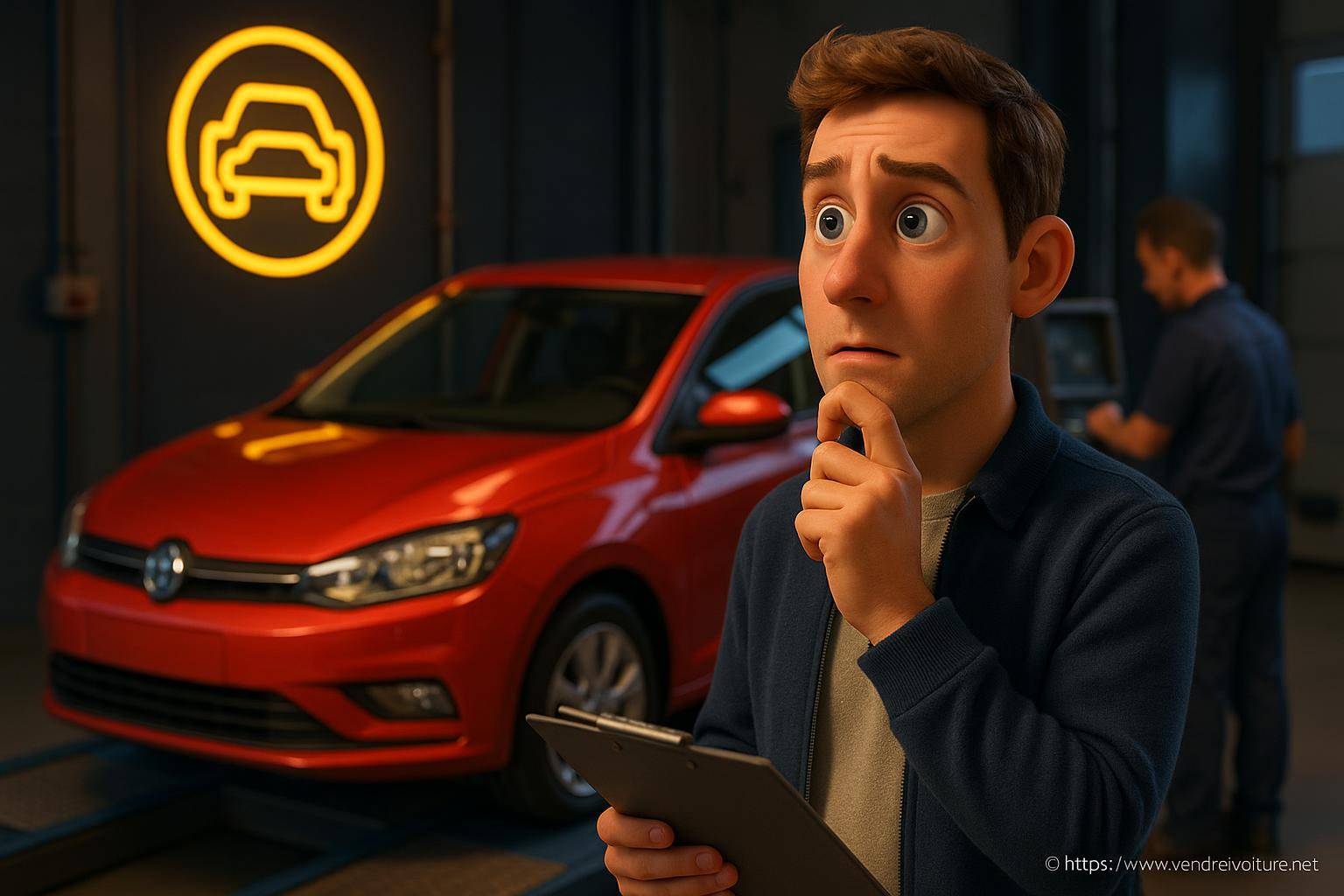 Homme pensif devant voiture rouge en garage