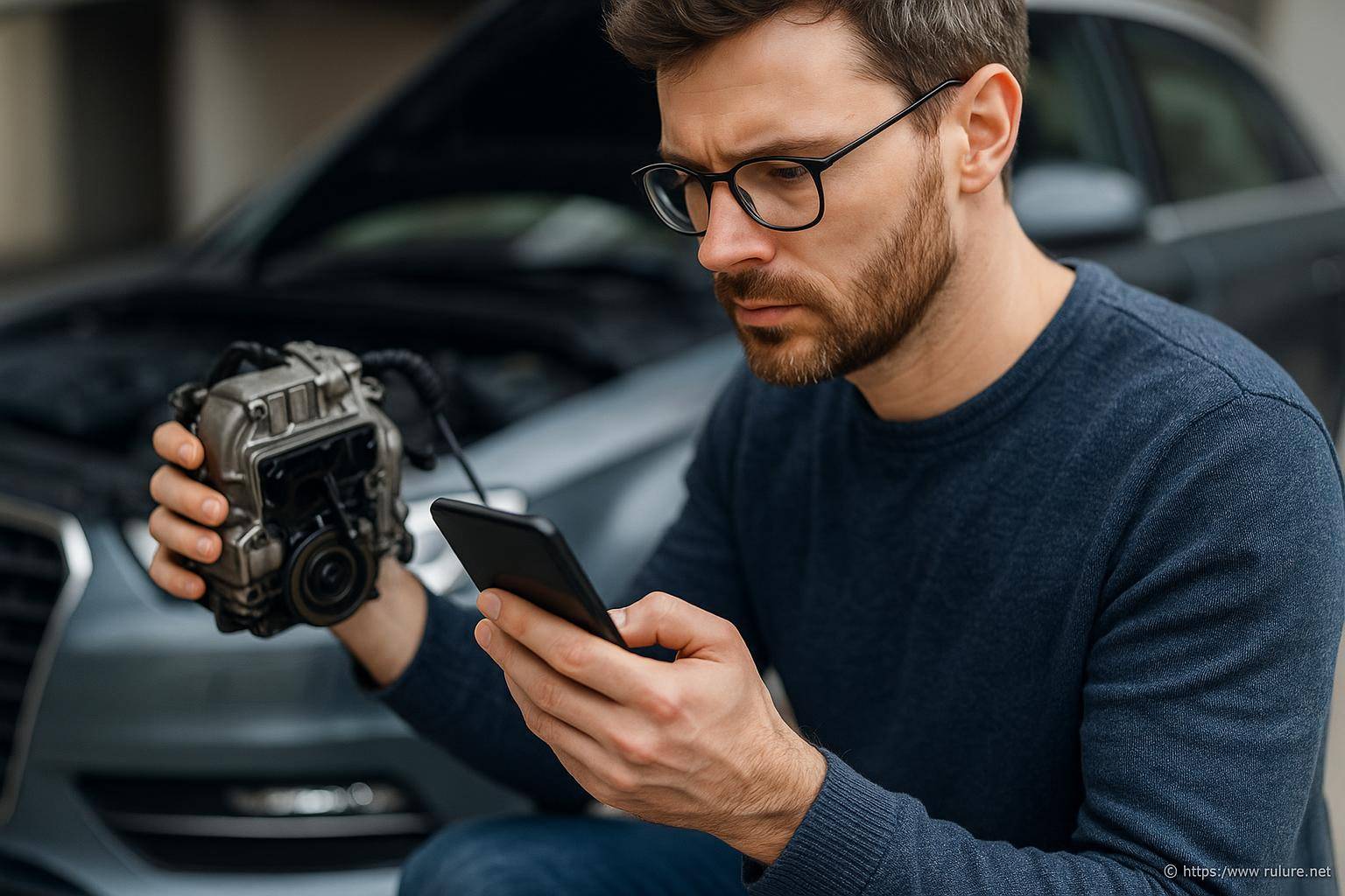 Homme réparant une pièce automobile