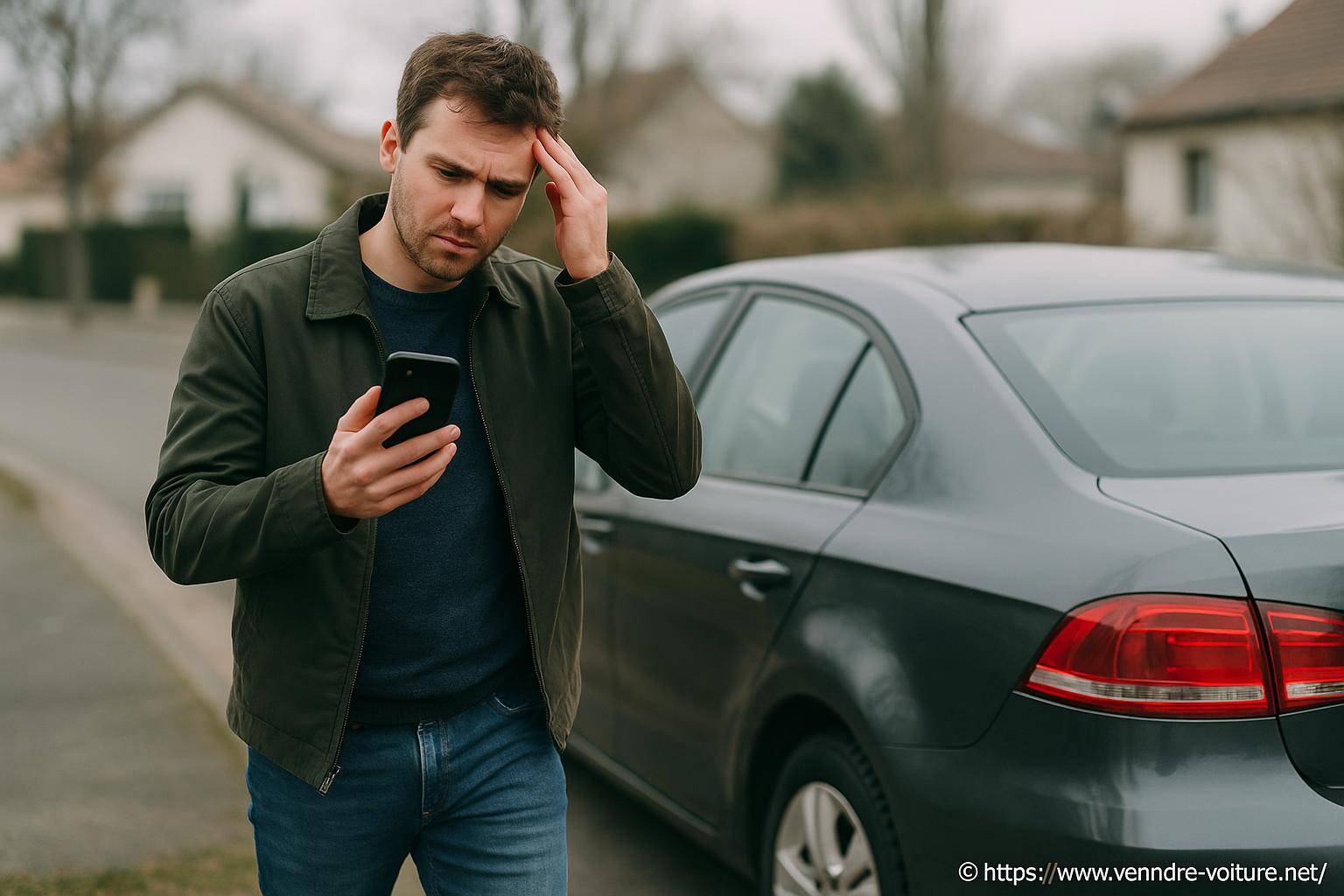 Homme stressé regardant téléphone près voiture