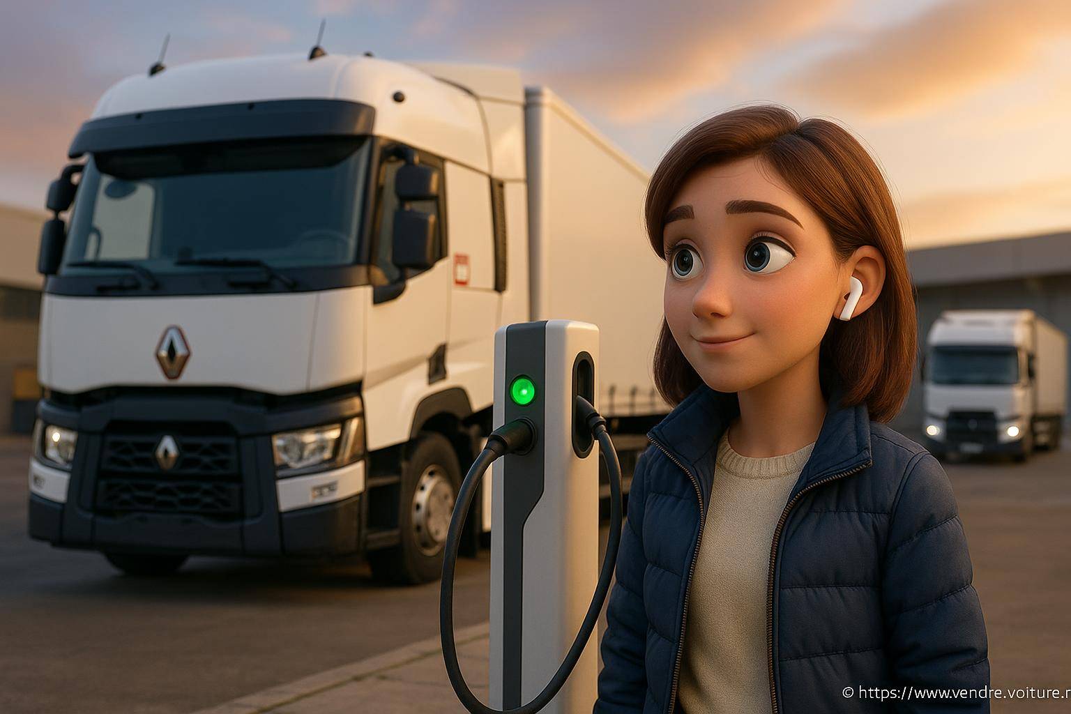 femme devant borne de recharge camion électrique