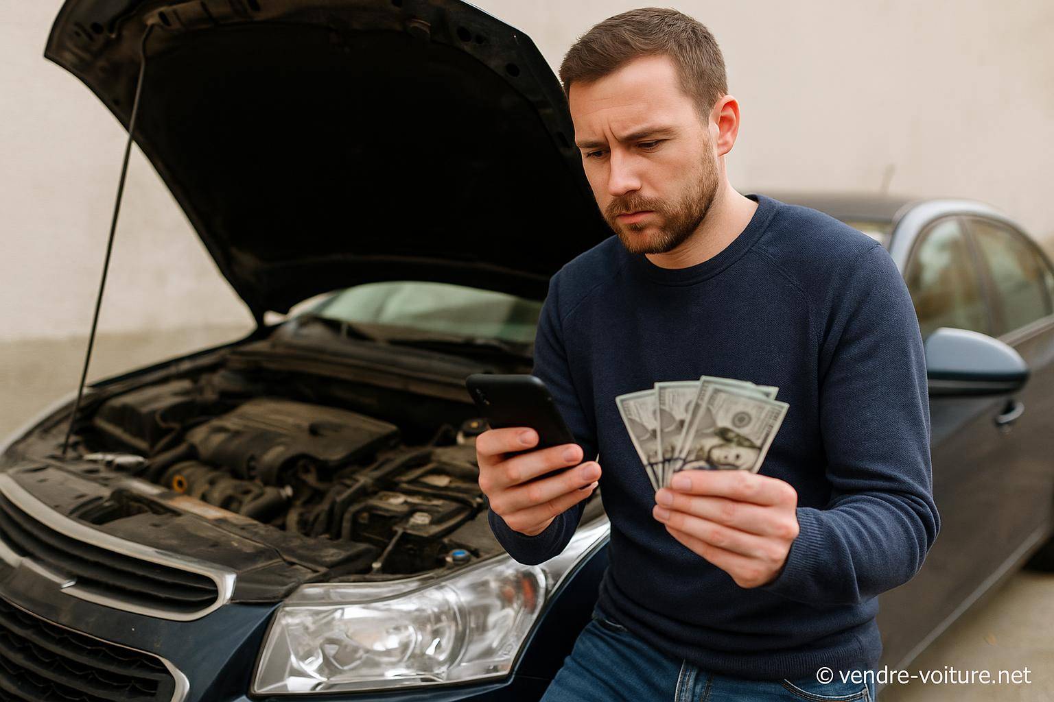 Homme avec argent devant voiture en panne